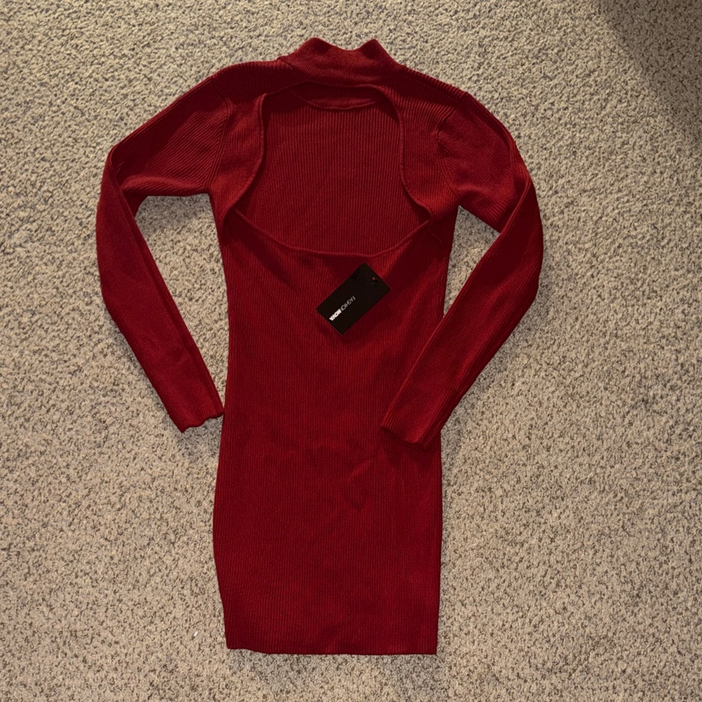 Fashion Nova Red Ribbed Long-Sleeve Mock Neck Dress